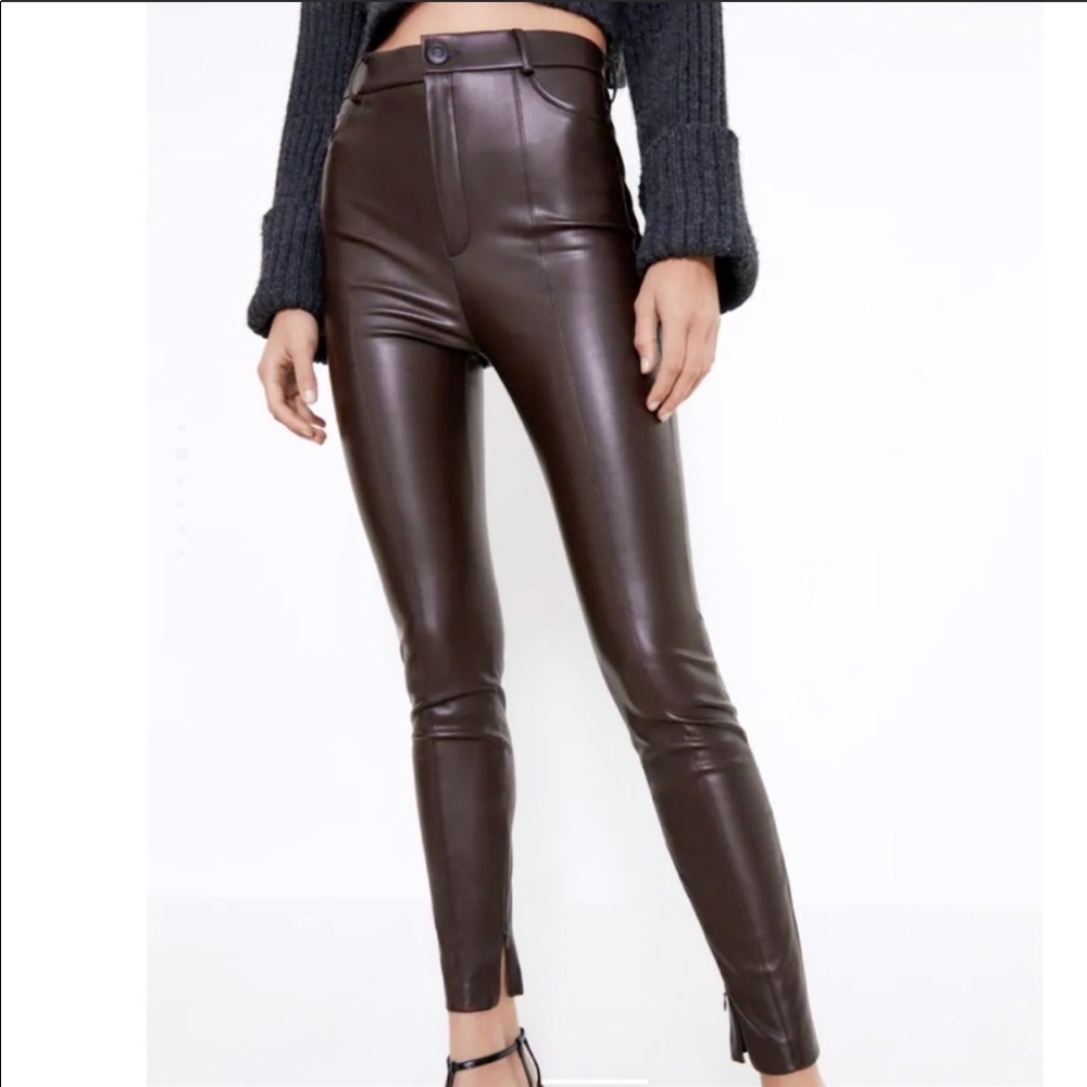 NWT Zara Brown Faux Leather Leggings Pants S Zip